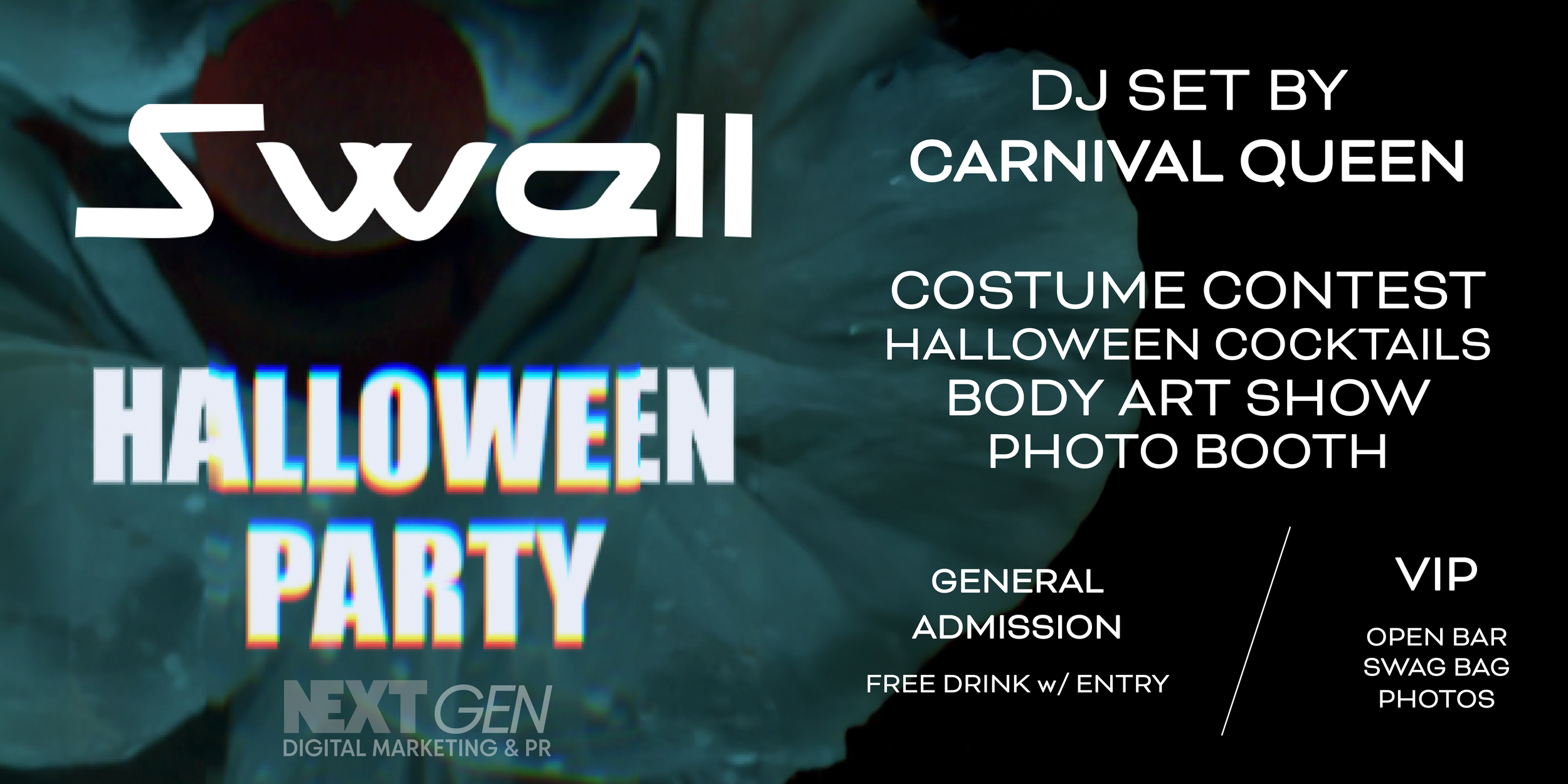 A promotional flyer for a Halloween party with a dark background, highlighting event details such as DJ set by Carnival Queen, costume contest, Halloween cocktails, body art show, photo booth, general admission with free drinks, and VIP options including open bar, swag bag, and photos.