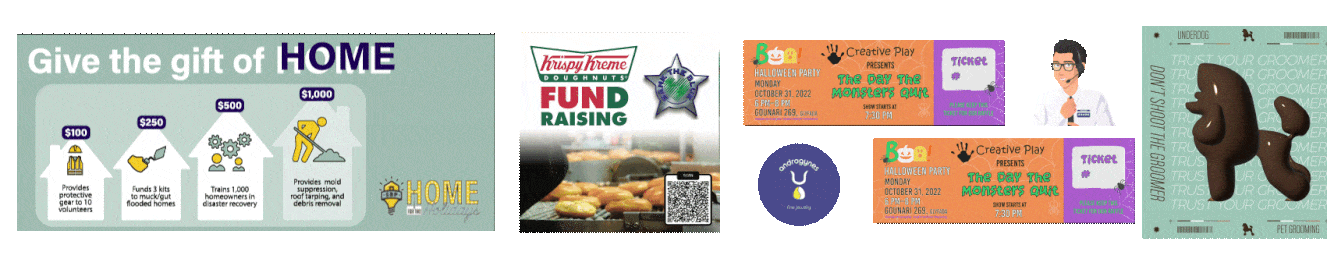 A series of promotional banners, including a home safety fundraiser graphic, a Krispy Kreme fundraiser, Halloween party tickets, and pet grooming service advertisement featuring grooming scissors.