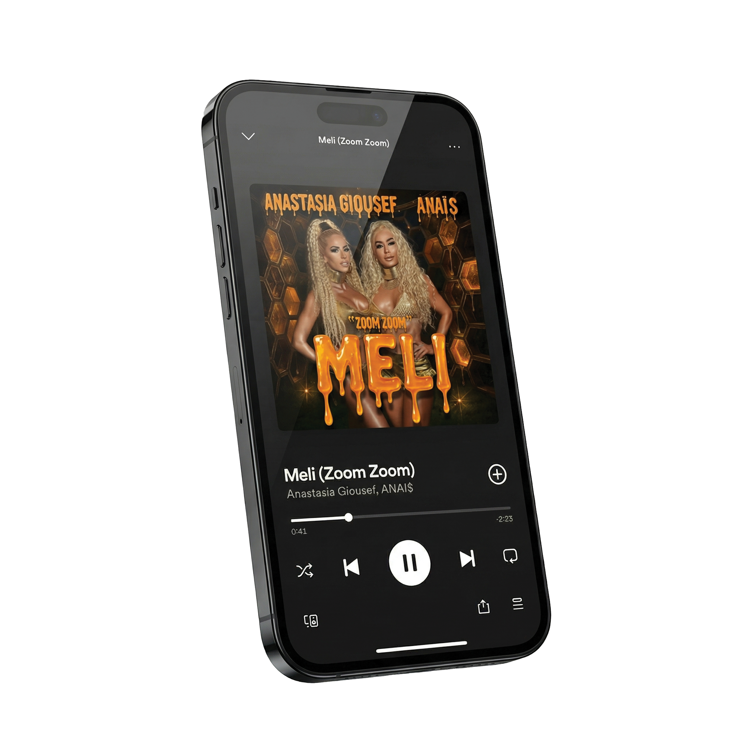 A smartphone displaying a music player app with a song titled 'Meli (Zoom Zoom)' by Anastasia Giousef and Anaïs. The album art features two women with long blonde curly hair, standing in front of a honeycomb pattern background, with the word 'MELI' in large orange, drippy letters.