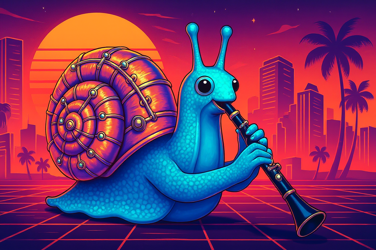 A colorful cartoon snail with big eyes, playing a clarinet in front of a city skyline during sunset, in a neon vaporwave style.