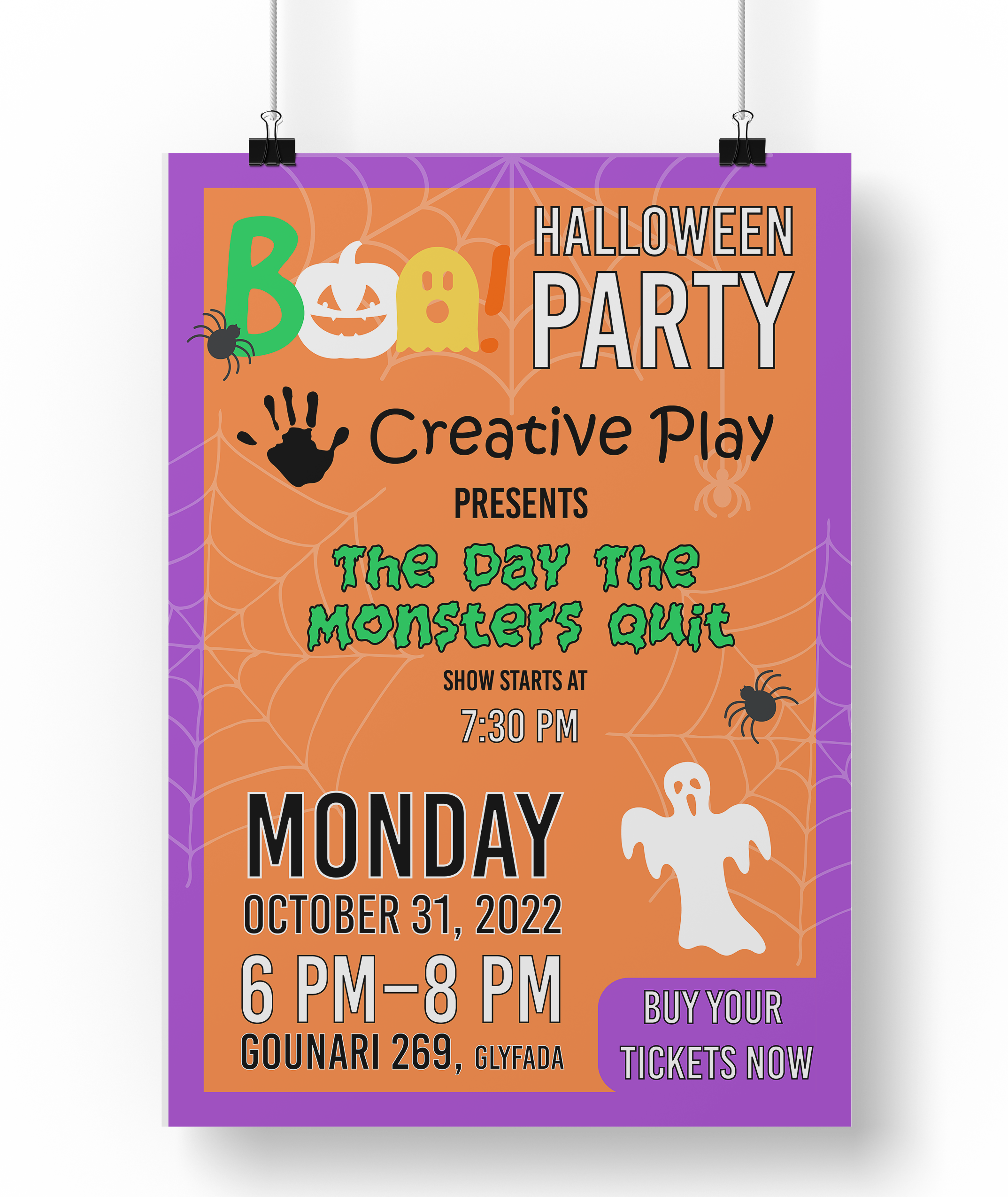 Halloween party poster with orange and purple background, featuring a jack-o'-lantern, ghost, spiders, and web graphics, promoting a monstery-themed event on October 31, 2022, from 6 PM to 8 PM at Gounari 269, Glyfada.