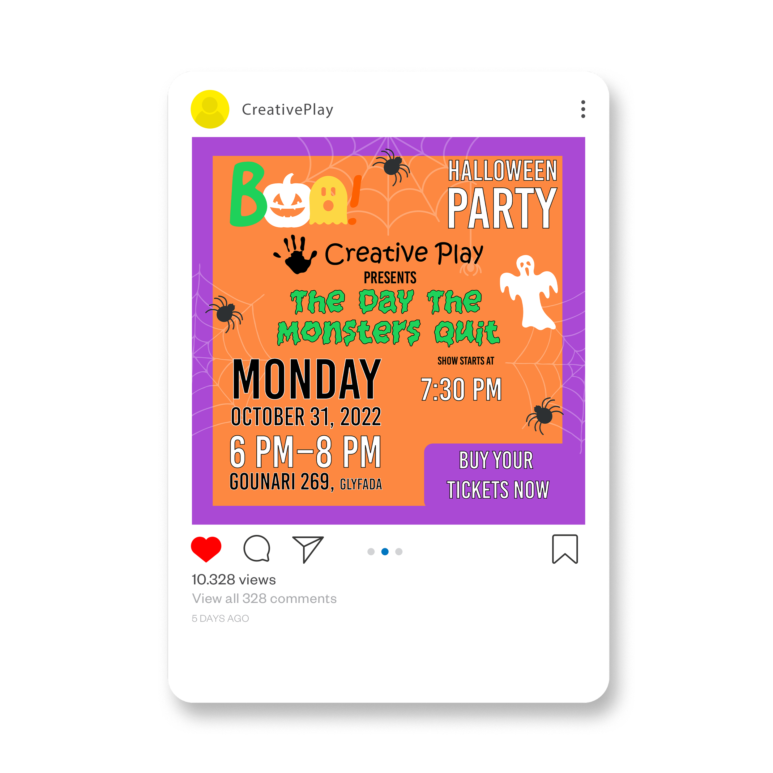 Halloween-themed flyer advertising a children's Halloween party event titled 'The Day The Monsters Quit,' scheduled for October 31, 2022, from 6 PM to 8 PM at Gounari 269, Glyfada, with a show starting at 7:30 PM, and a purple button to buy tickets.