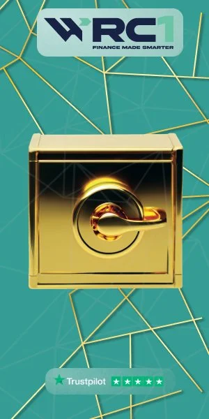 A digital graphic with the RC1 logo and slogan 'Finance Made Smarter' at the top, a golden safe with a black dial in the center, and a green Trustpilot rating with five stars at the bottom.