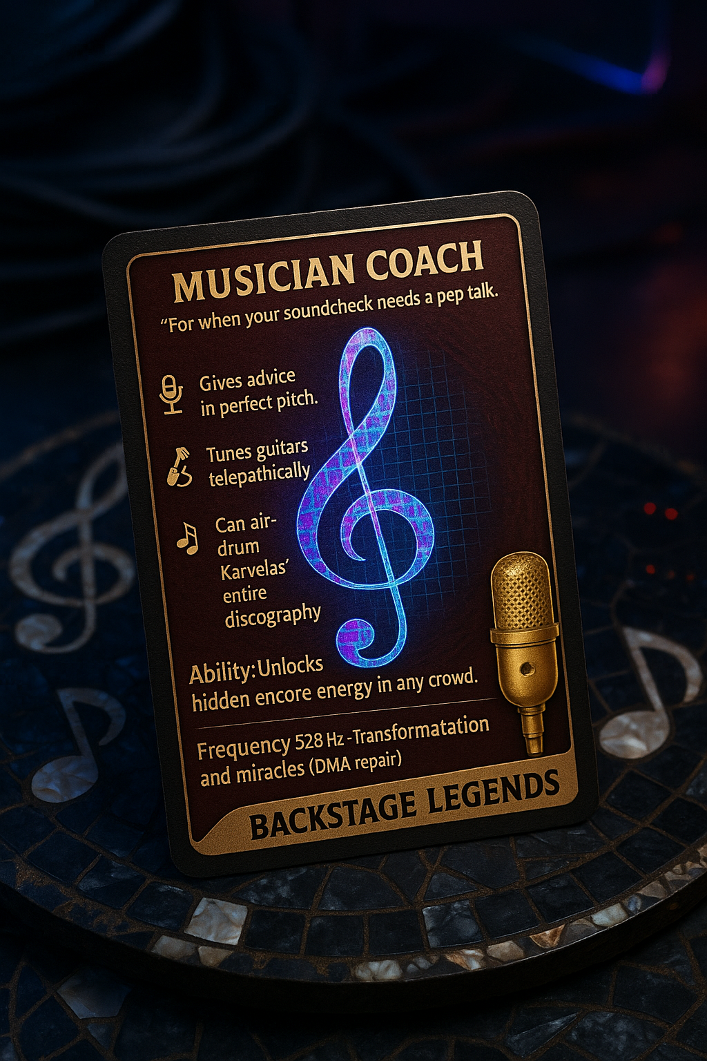 A card titled "Musician Coach" with humorous descriptions of a music-related coaching character, featuring a large illuminated treble clef symbol and a gold microphone image. The card lists traits like giving advice, tuning guitars telepathically, and controlling drum tracks, with a note about unlocking hidden energy and a frequency of 528 Hz.