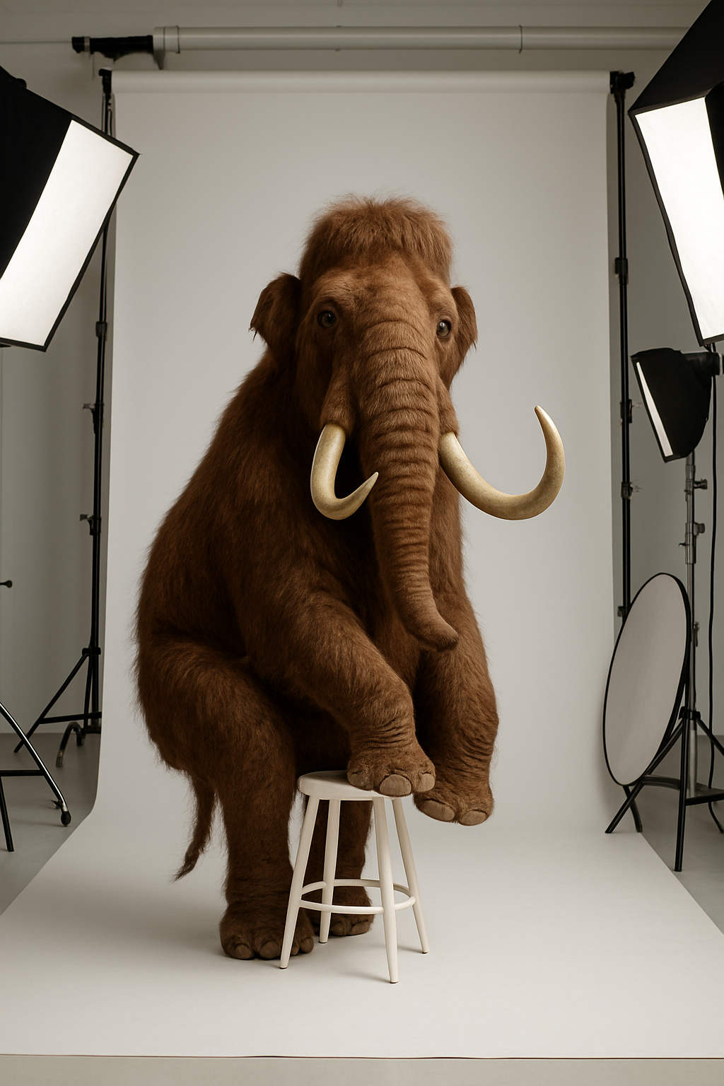 A taxidermy mammoth specimen seated on a stool in a photography studio with lights and a white backdrop.
