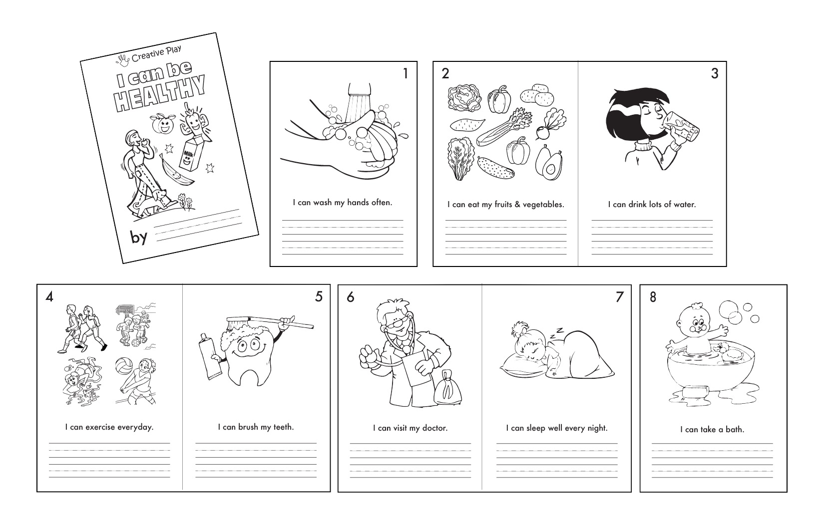 A booklet page titled "I can be healthy" with illustrations promoting healthy habits, including washing hands, eating fruits and vegetables, drinking water, exercising, brushing teeth, visiting a doctor, sleeping well, and taking a bath.