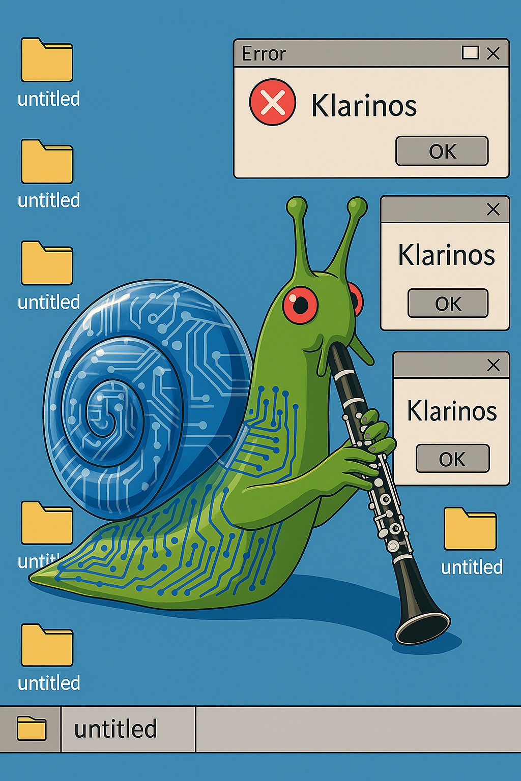 A digital illustration of a green snail with circuit board patterns playing a clarinet. The background features desktop folders labeled "untitled" and error message windows with the text "Klarinos."