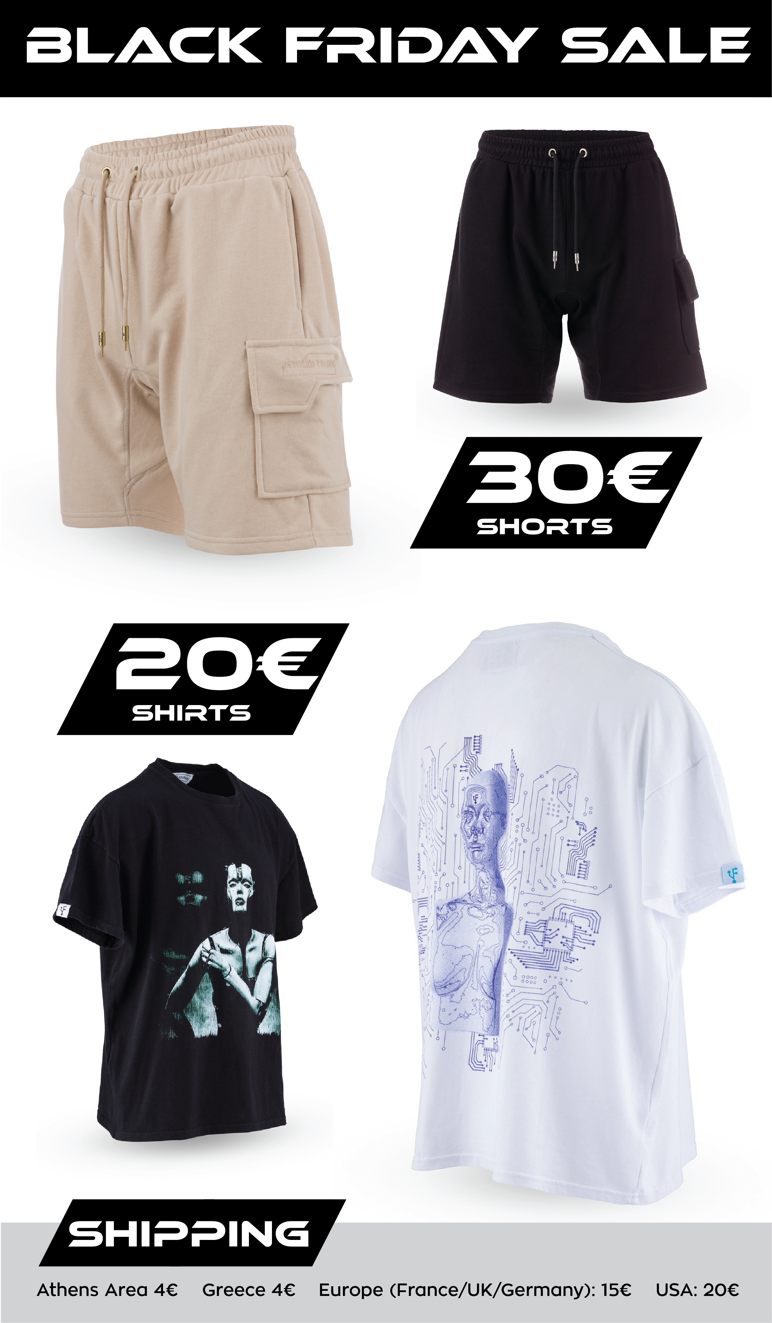 Black Friday sale advertisement for clothing, featuring beige shorts with a pocket, black shorts, black graphic T-shirt, and white graphic T-shirt, with prices and shipping details. Untitled Folders Techwear