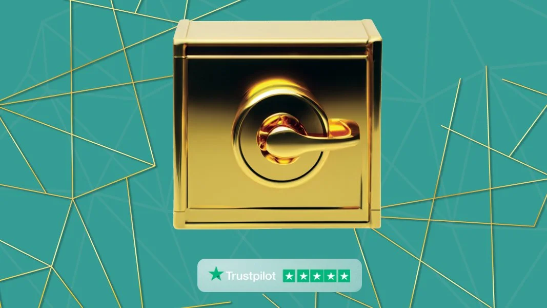 A gold-colored safe with a combination lock and a handle, set against a teal background with abstract gold lines.