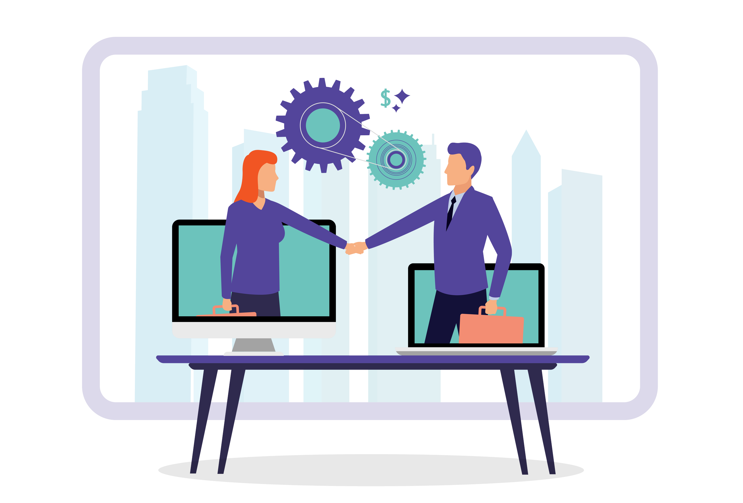 Digital illustration of a man and woman shaking hands emerging from computer screens, with cityscape background and gears and dollar symbols overhead, symbolizing business collaboration.