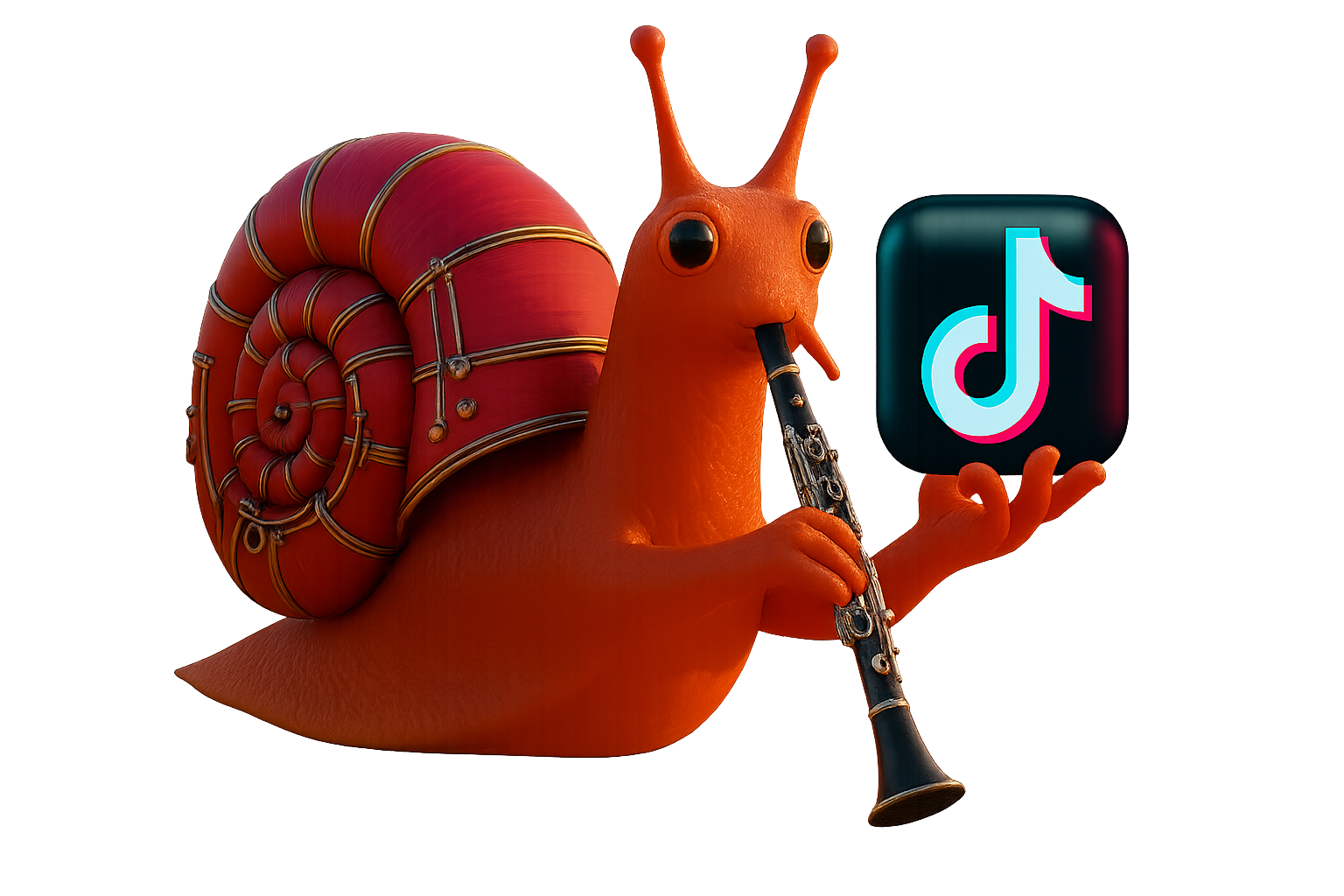 Animated snail holding a flute, with a large accordion shell on its back, holding a device displaying the TikTok logo.