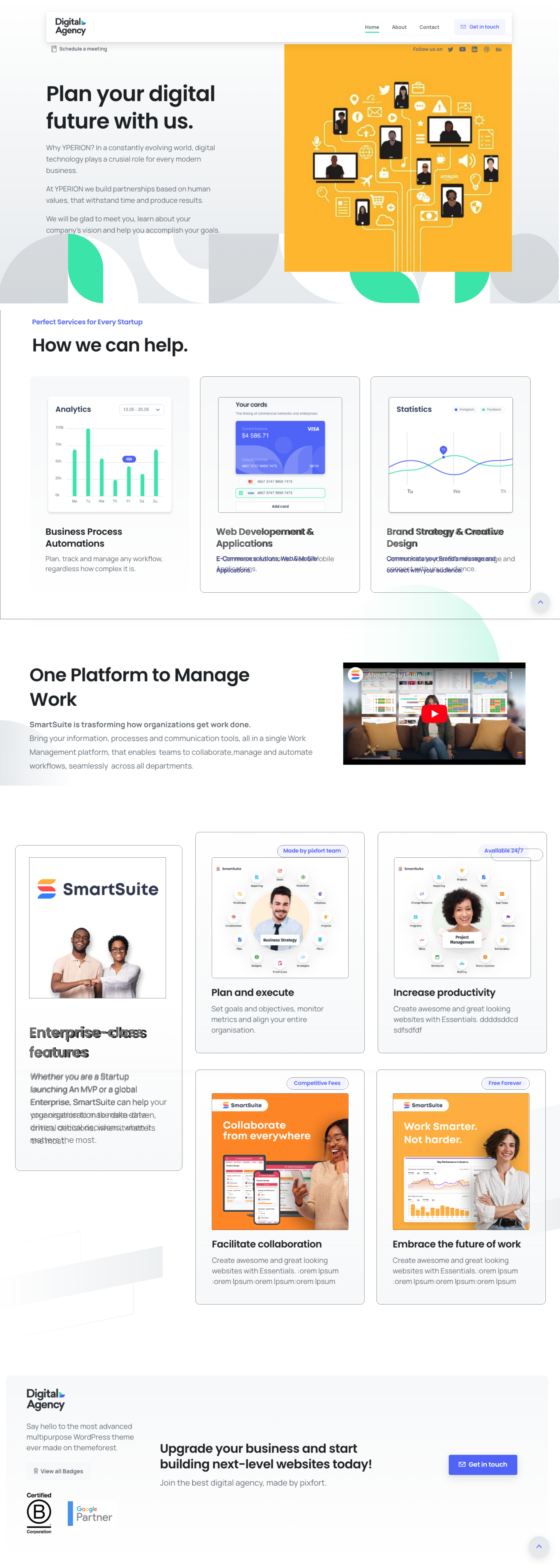 A webpage from a digital agency offering services like analytics, web development, and branding tools. It features a header with navigation, a main section with text and images, and an embedded video. Service descriptions include icons for collaboration, productivity, and enterprise features, with promotional sections for upgrading websites and managing work through a platform called SmartSuite.