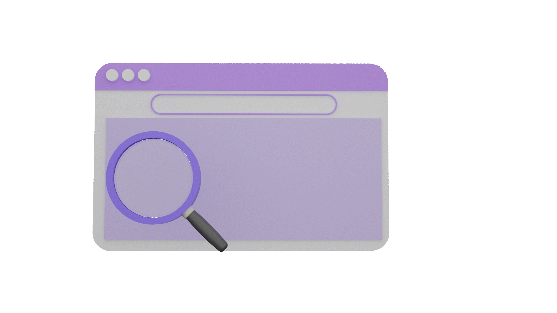 An illustration of a computer browser window with a magnifying glass icon in the center, suggesting search functionality, in shades of purple and gray.