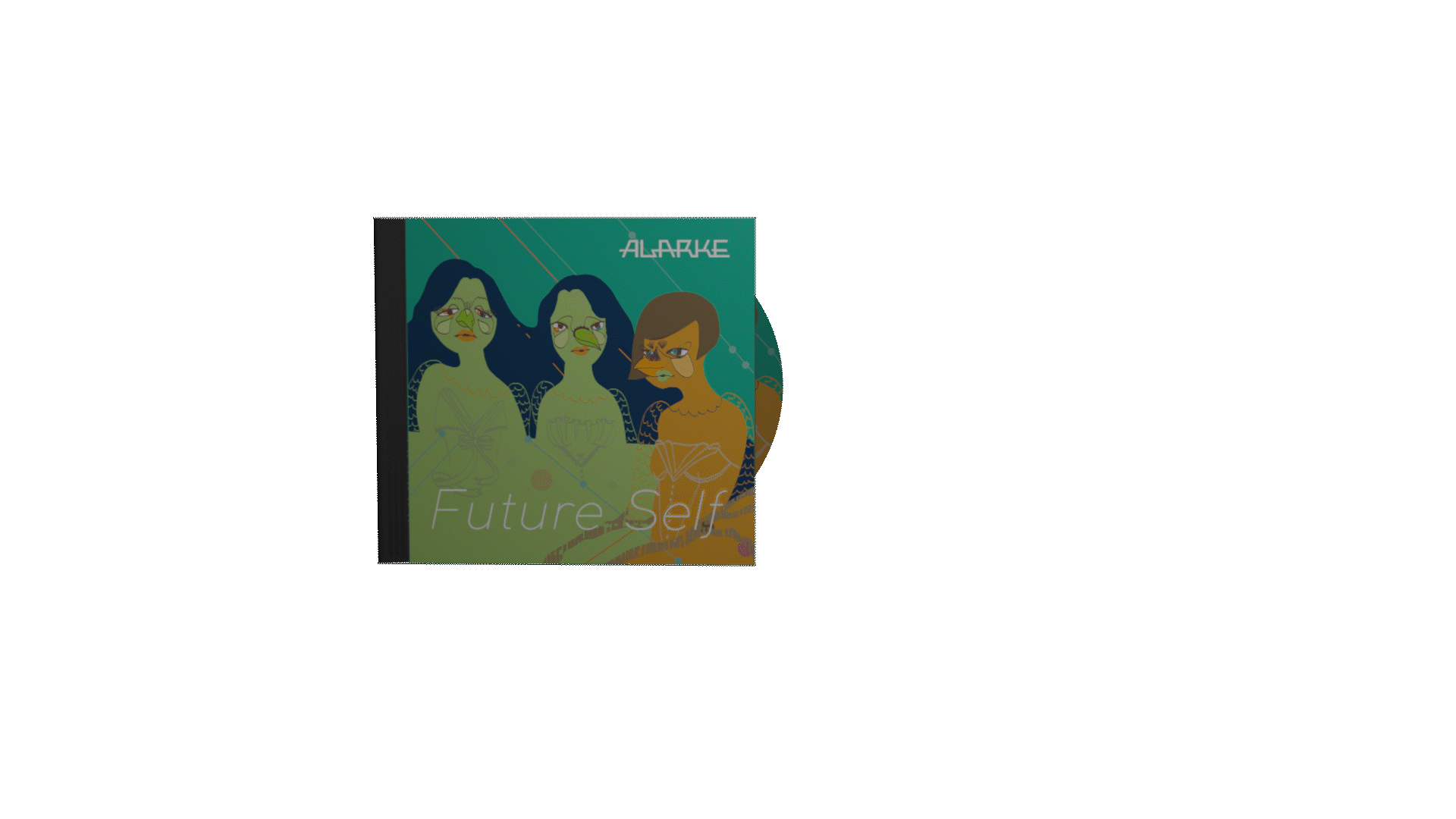 Book cover titled "Future Self" featuring an artistic illustration of four female figures with varying skin tones and hairstyles. The background is teal with geometric elements. The author's name is ALARKE.