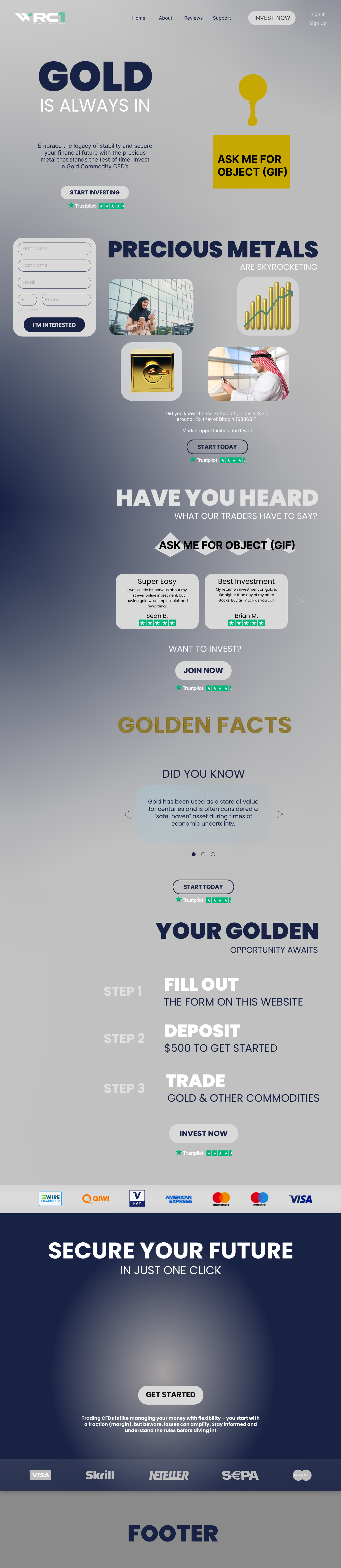 A mobile webpage promoting gold investment with sections about gold and precious metals, trader testimonials, facts, a step-by-step investment guide, payment options, and a footer with links.