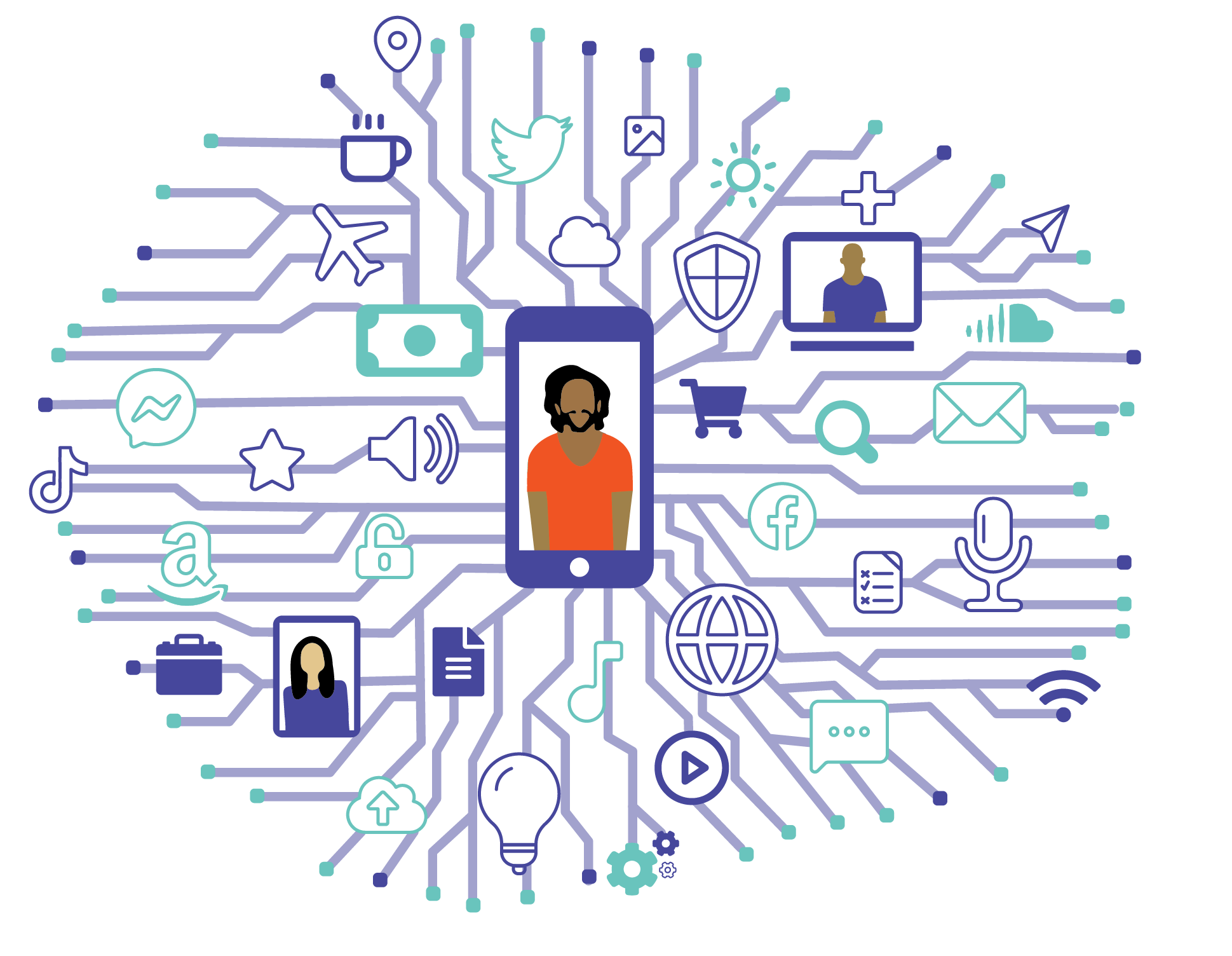 A digital illustration showing a person using a smartphone with various social media, communication, and technology icons branching out from the device, representing connectivity and digital network interactions.