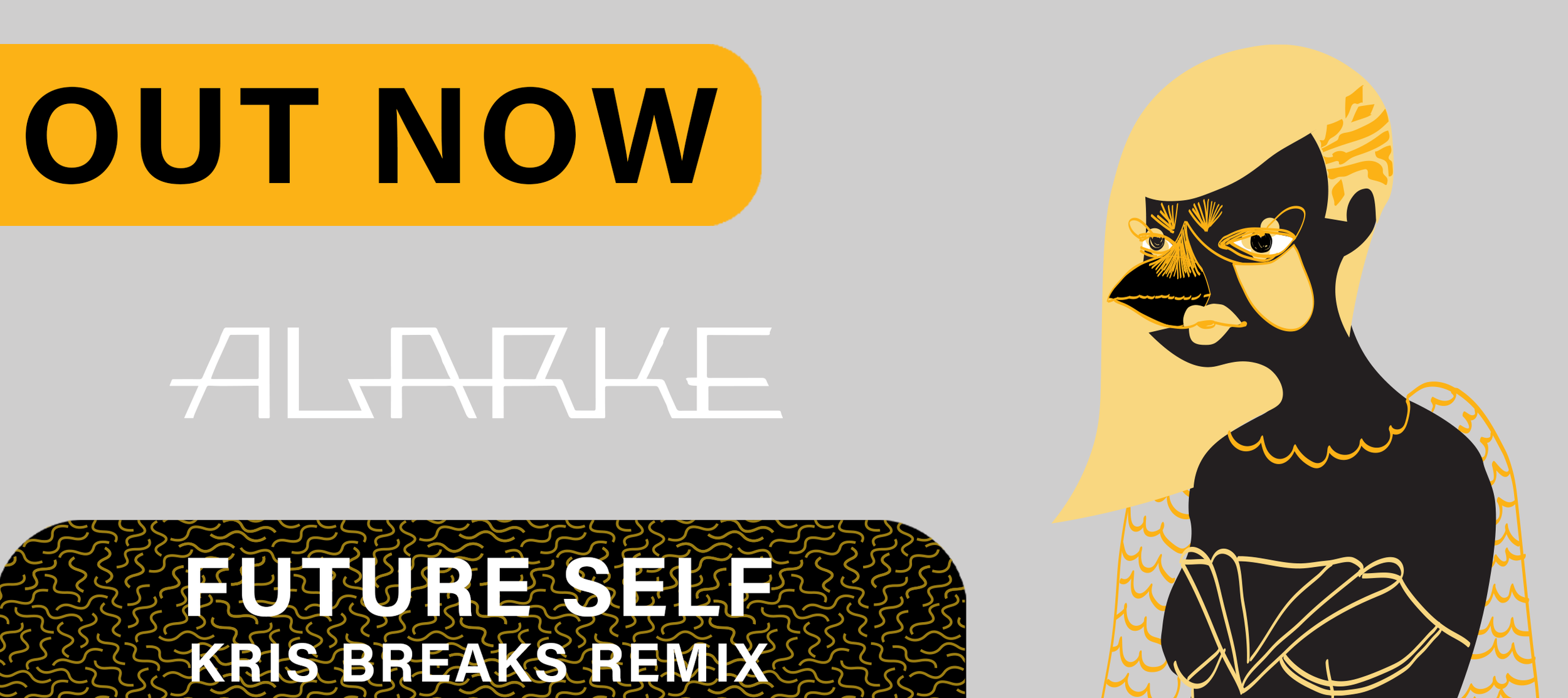 Digital artwork promoting music release titled 'Out Now' by Alarlake, featuring remix by Kris Breaks, displayed with an abstract female figure with blond hair, sunglasses, and tattoos, against a gray background.