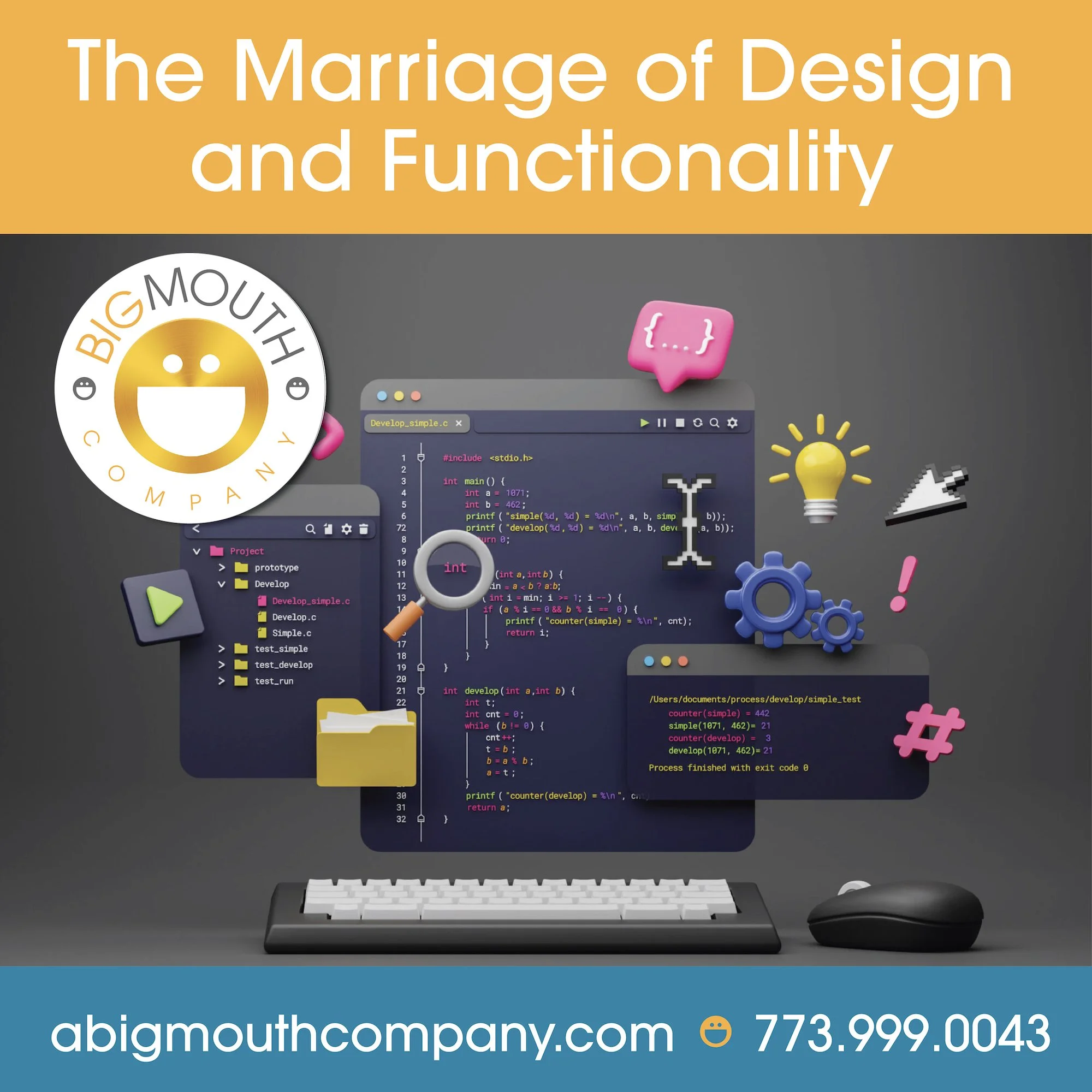 A digital illustration featuring programming and technology elements, including a computer screen with code, folders, icons like a lightbulb, hashtag, magnifying glass, and various software interface graphics, with a banner at the top reading 'The Marriage of Design and Functionality', and a website URL and phone number at the bottom surrounded by colorful icons and abstract graphics.