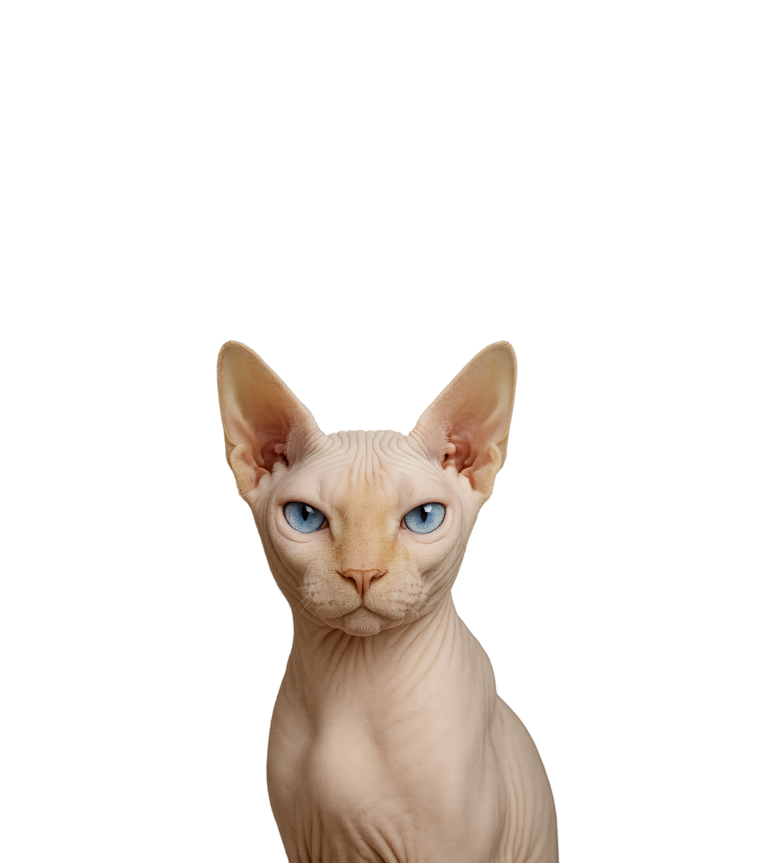 Close-up of a Sphynx cat with blue eyes and hairless, wrinkled skin, looking directly at the camera.