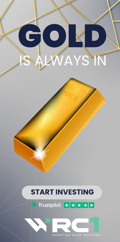 An advertisement promoting gold as an investment, featuring a gold bar, the phrase 'GOLD IS ALWAYS IN,' and a call to action to start investing with Trustpilot ratings and a logo.