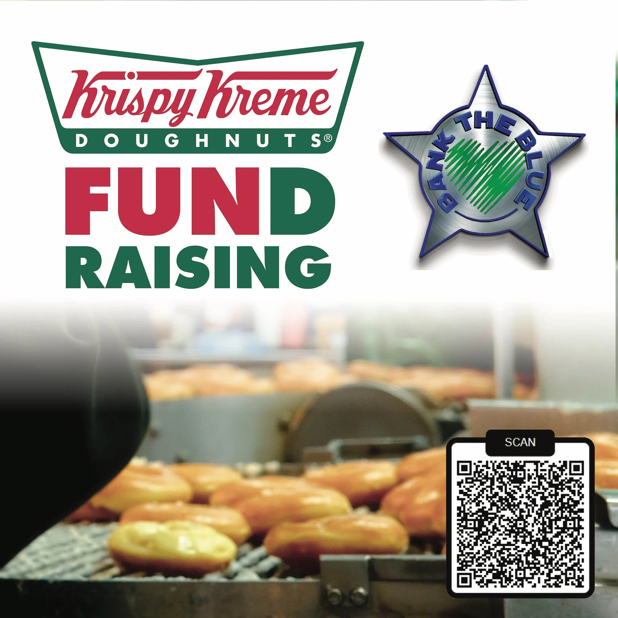 A promotional image for Krispy Kreme doughnuts indicating a fundraising event. The image features the Krispy Kreme logo, a badge with the text 'Thank the Blue,' a blurred image of doughnuts on a conveyor belt, and a QR code with the word 'SCAN' on it.