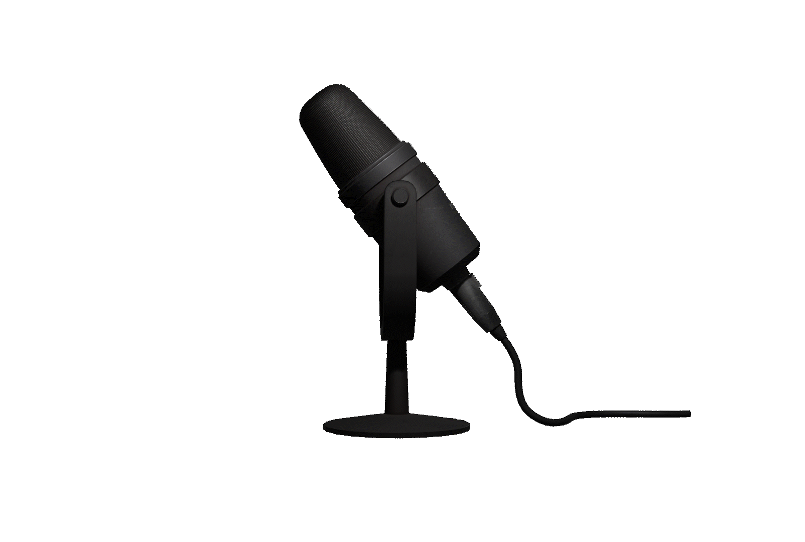 Black studio microphone with a stand and attached cable, isolated on black background.