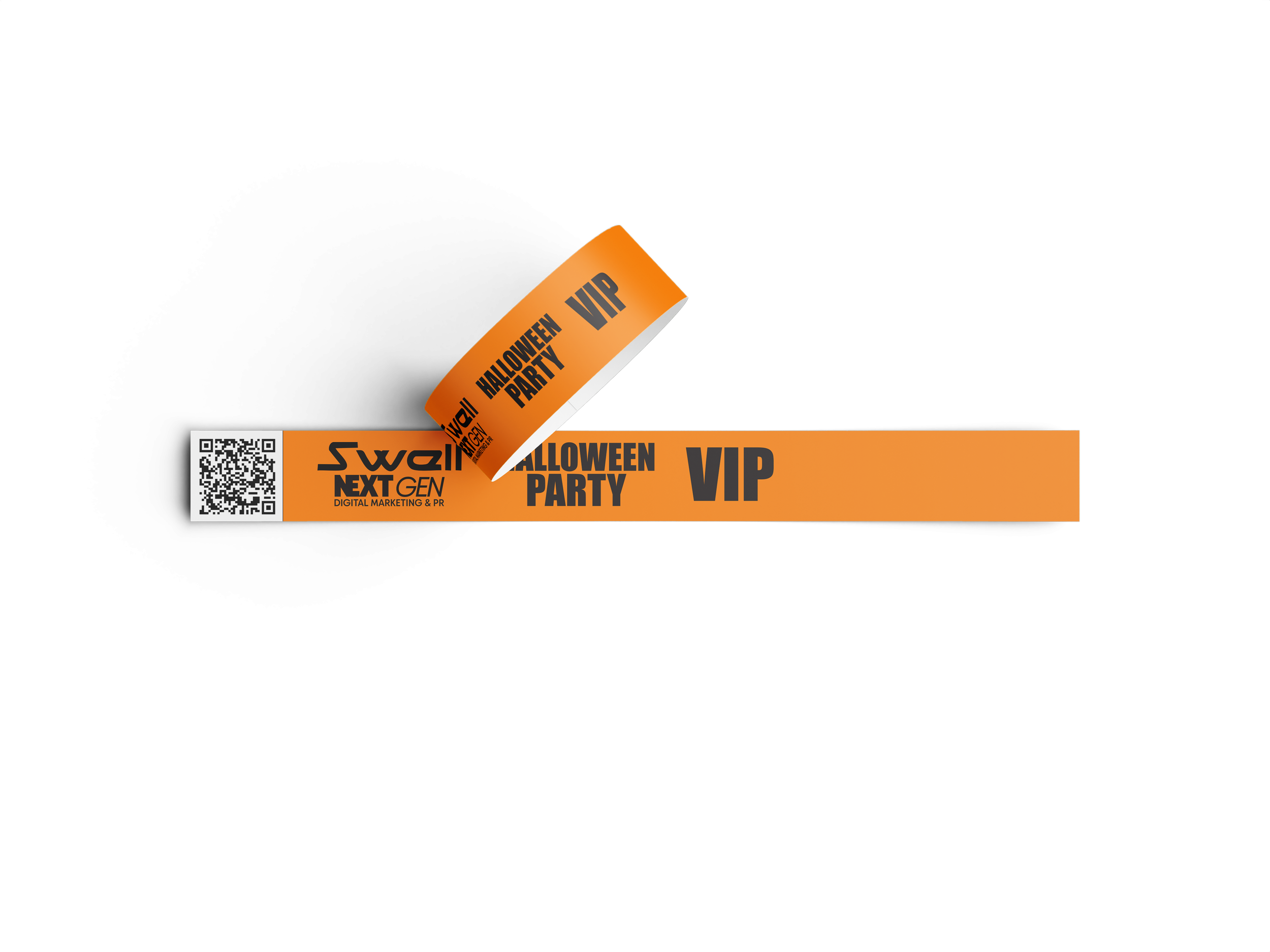 Orange VIP ticket for a Halloween party with black text, a QR code, and a torn section revealing the words 'HALLOWEEN PARTY' and 'VIP' repeatedly.