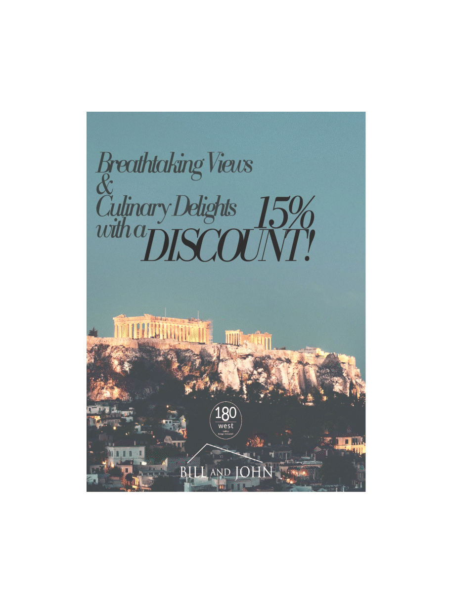 Promotional flyer advertising 15% discount on sightseeing and culinary experiences with an image of the Acropolis of Athens at sunset, featuring motion directions for visitors, from Bill and John.