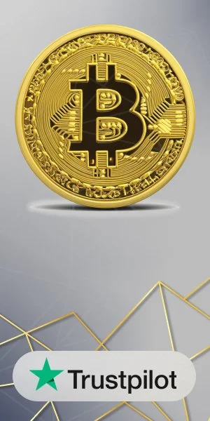 Golden Bitcoin coin with a 'B' symbol and circuit-like details, displayed above a financial chart and Trustpilot logo.
