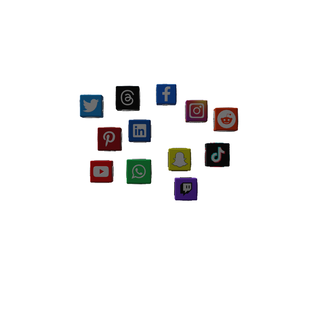Colorful social media icons, including Twitter, Facebook, Instagram, Pinterest, LinkedIn, YouTube, WhatsApp, Snapchat, TikTok, Reddit, and Twitch, arranged in a circular pattern. Athens, Greece marketing social media creative design agency