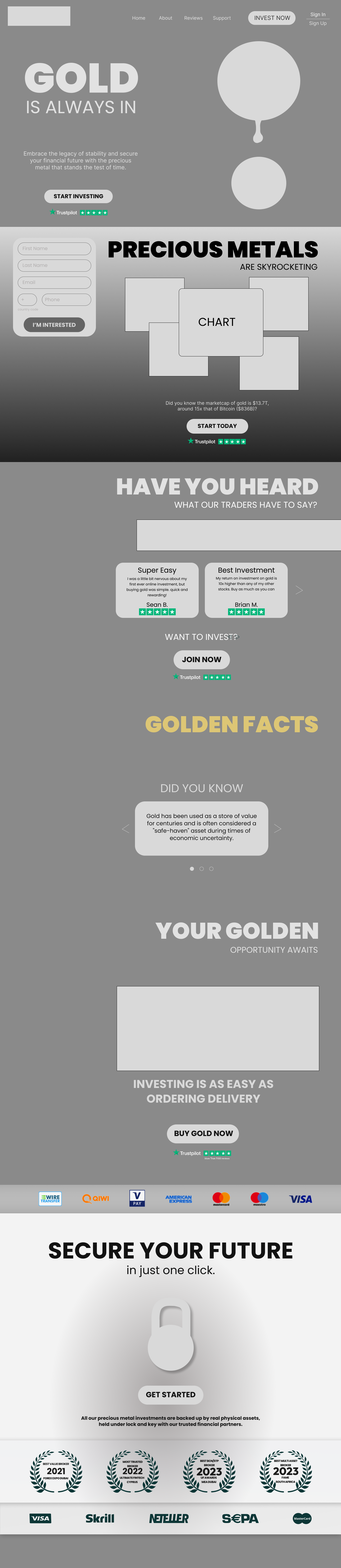 Webpage advertising gold investment, featuring sections on precious metals, investment benefits, facts, and a call to action to buy gold, with security icons and validation badges at the bottom.