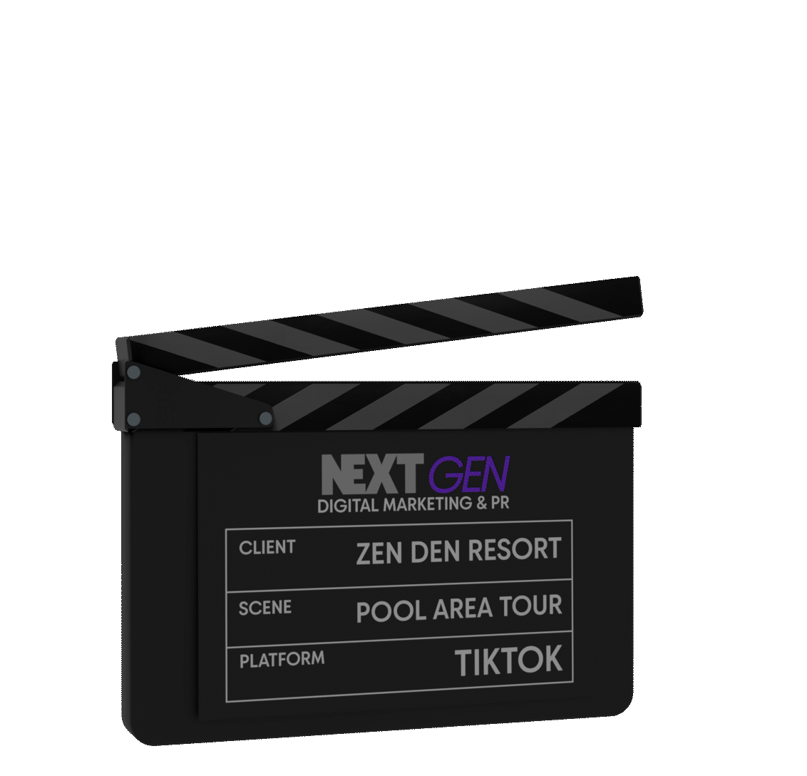 Clapperboard with text indicating a digital marketing event at Zen Den Resort, Pool Area Tour, platform TikTok.