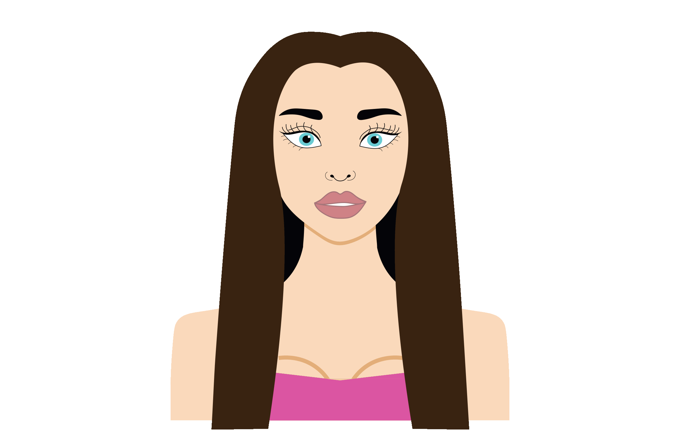 Digital illustration of a woman with long brown hair, blue eyes, full lips, and a septum piercing, wearing a pink strapless top.