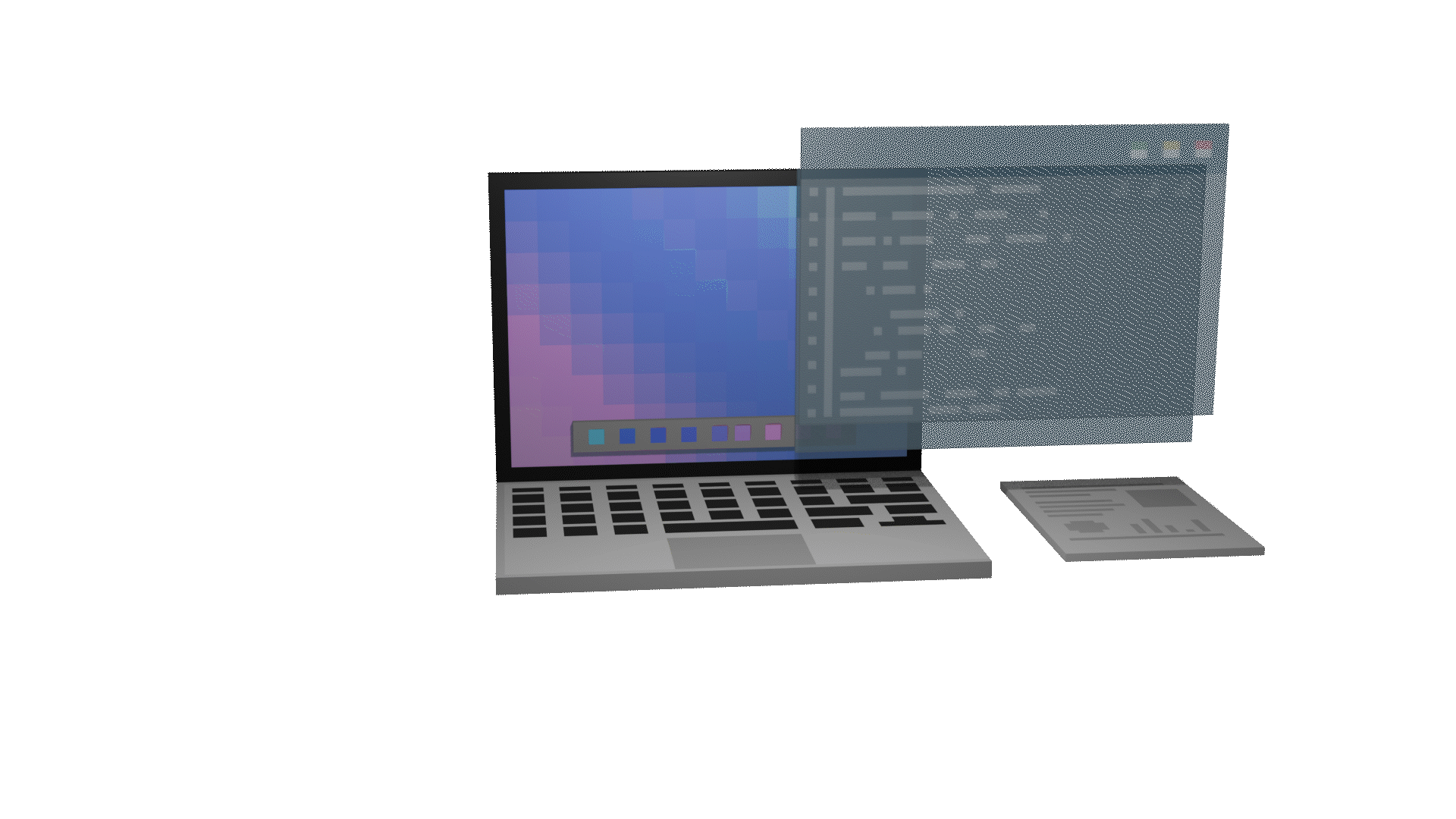 Illustration of a laptop with two overlapping transparent screens and a tablet device.