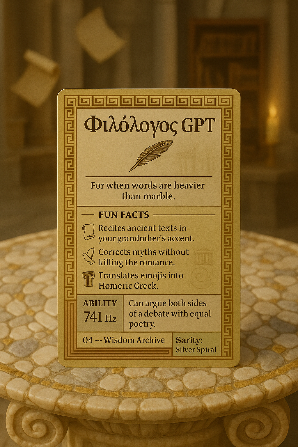 An informational card featuring Greek-themed design elements, including a feather illustration and ancient Greek patterns, displays fun facts and abilities related to a literary or poetic concept.