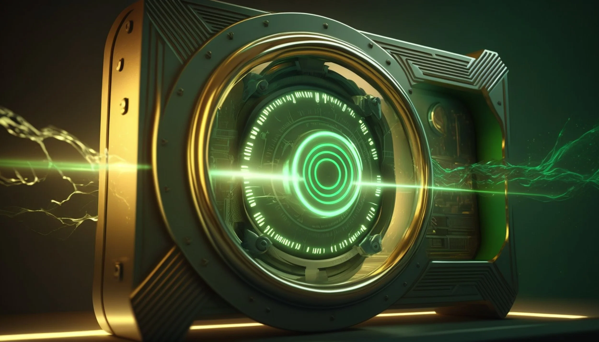 A futuristic, high-tech device with glowing green circular patterns and electric sparks emitting from the sides, set against a dark background.