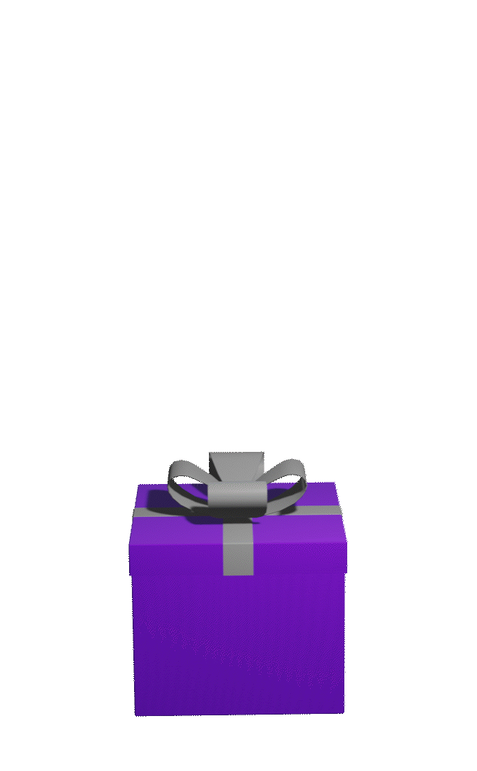 A purple gift box with a gray ribbon and bow with bubble tea with boba, matcha, tapioca in it.