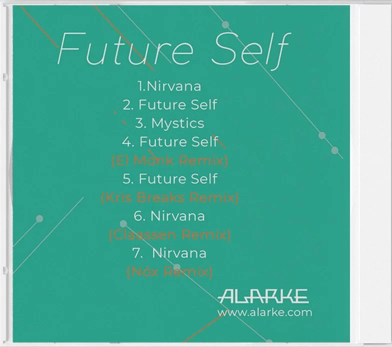 A teal-colored music playlist titled "Future Self" featuring remixes of Nirvana and other tracks. The playlist includes seven tracks, with some remixed versions listed in orange text.