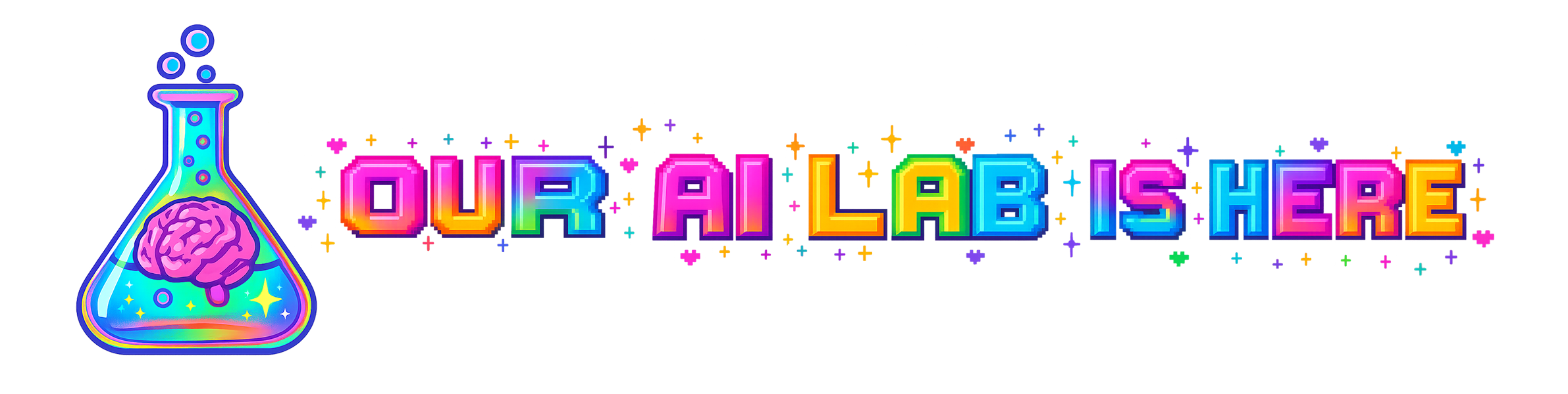 Colorful neon sign with a laboratory flask and a brain, reading "OUR AILAB IS HERE."