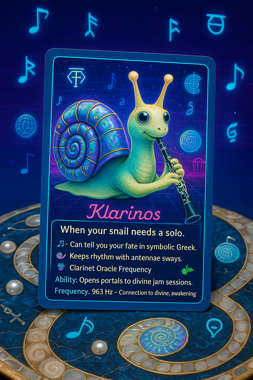 klarinos trading card custom GPT ancient symbolic greek oracle chatbot campaign mascot