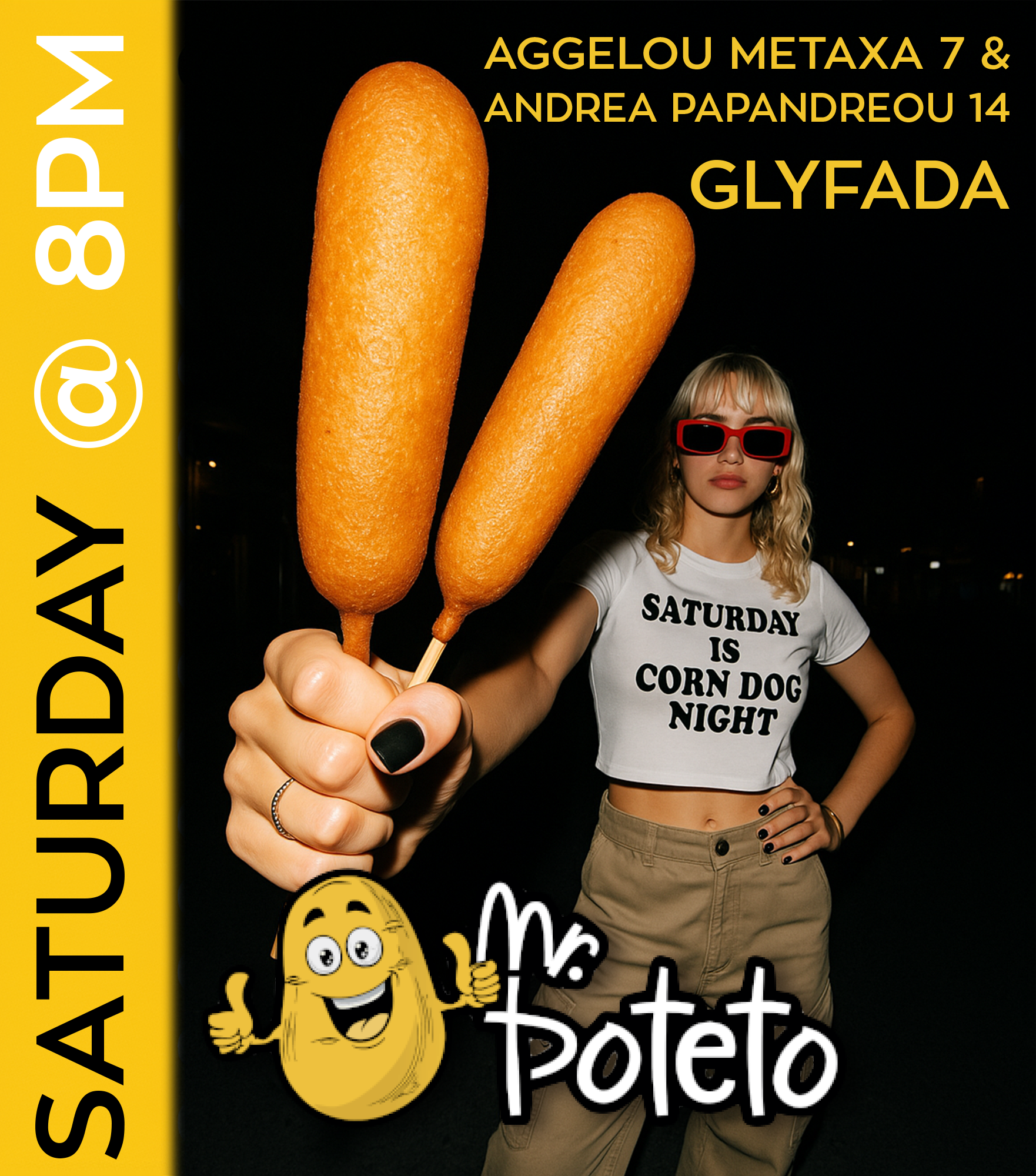 A woman wearing sunglasses and a "Saturday is Corn Dog Night" t-shirt is holding two corn dogs close to the camera. The background is dark with some lights visible in the distance.