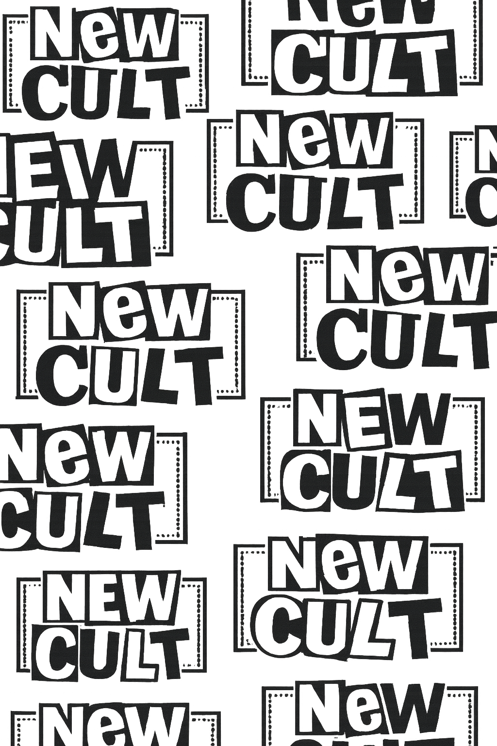 Pattern of repeating text that reads 'New Cult' in bold, outlined letters with a distressed style.