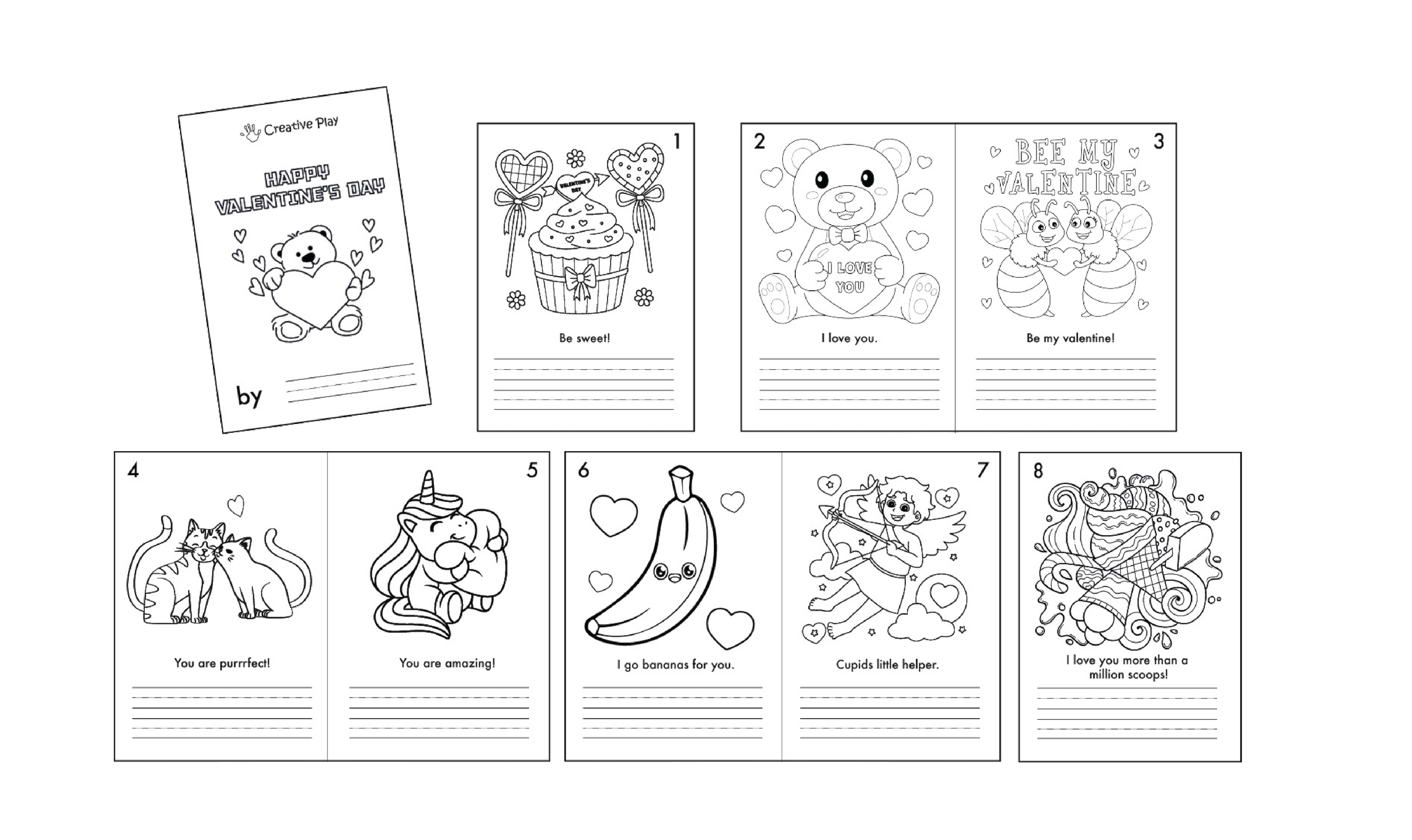Collection of 8 Valentine's Day coloring pages featuring cute animals and love-themed illustrations, including teddy bears, cupcakes, a bear holding a heart, bees, cats, a banana, cherub, and a pile of ice cream.