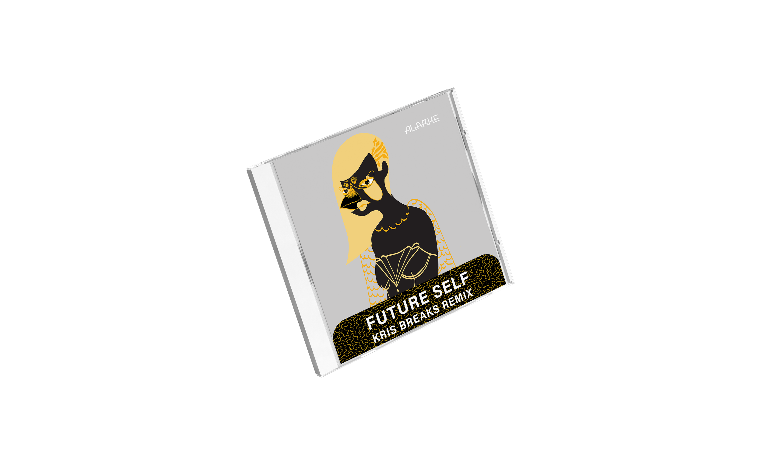 Music album cover with a stylized black and gold artistic illustration of a woman with long hair, holding a book, on a light grey background. Text on the cover reads "FUTURE SELF KRIS BREAKS REMIX".