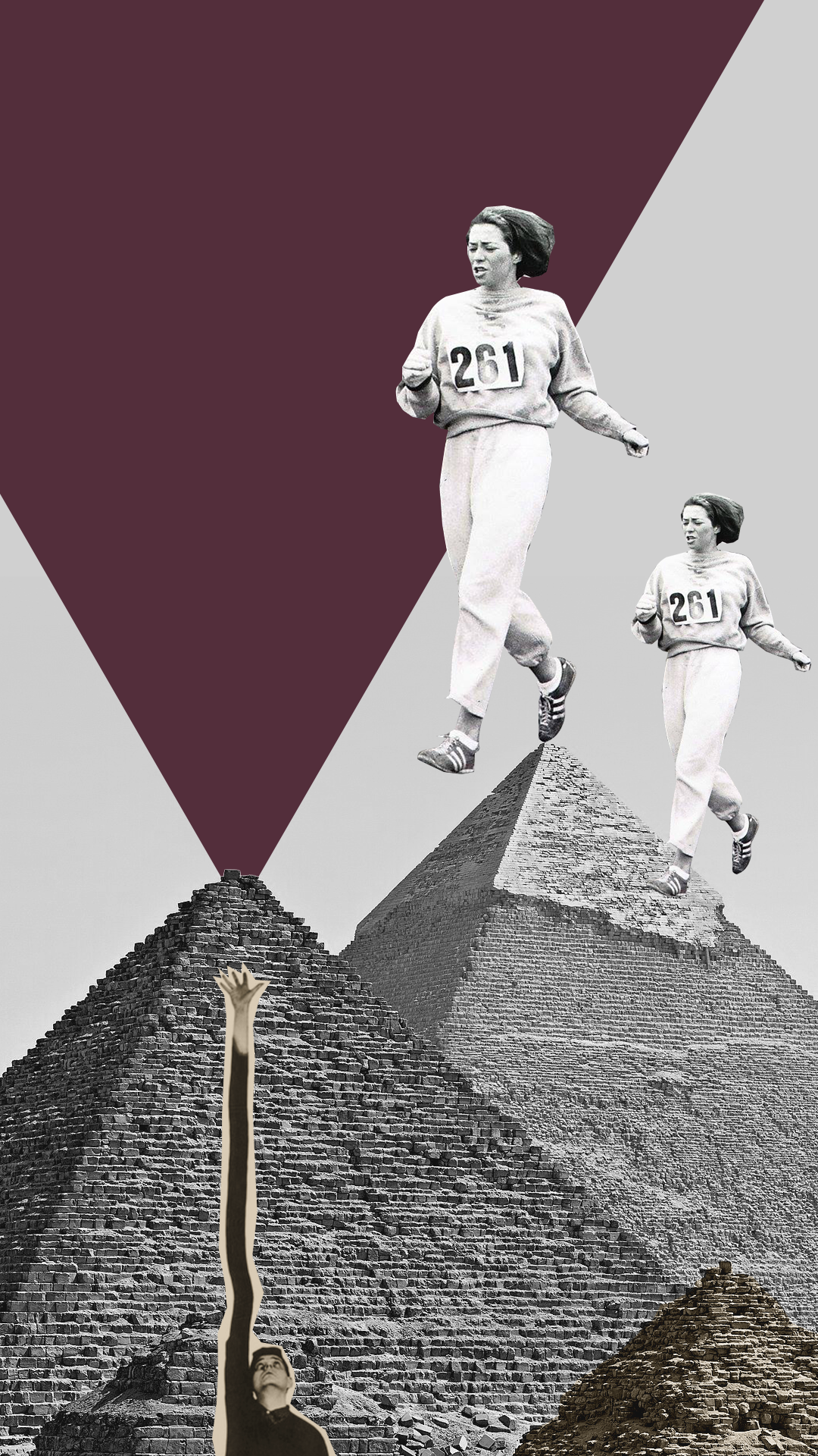 Creative collage of women running atop pyramids, symbolizing perseverance, commitment, and positive change.