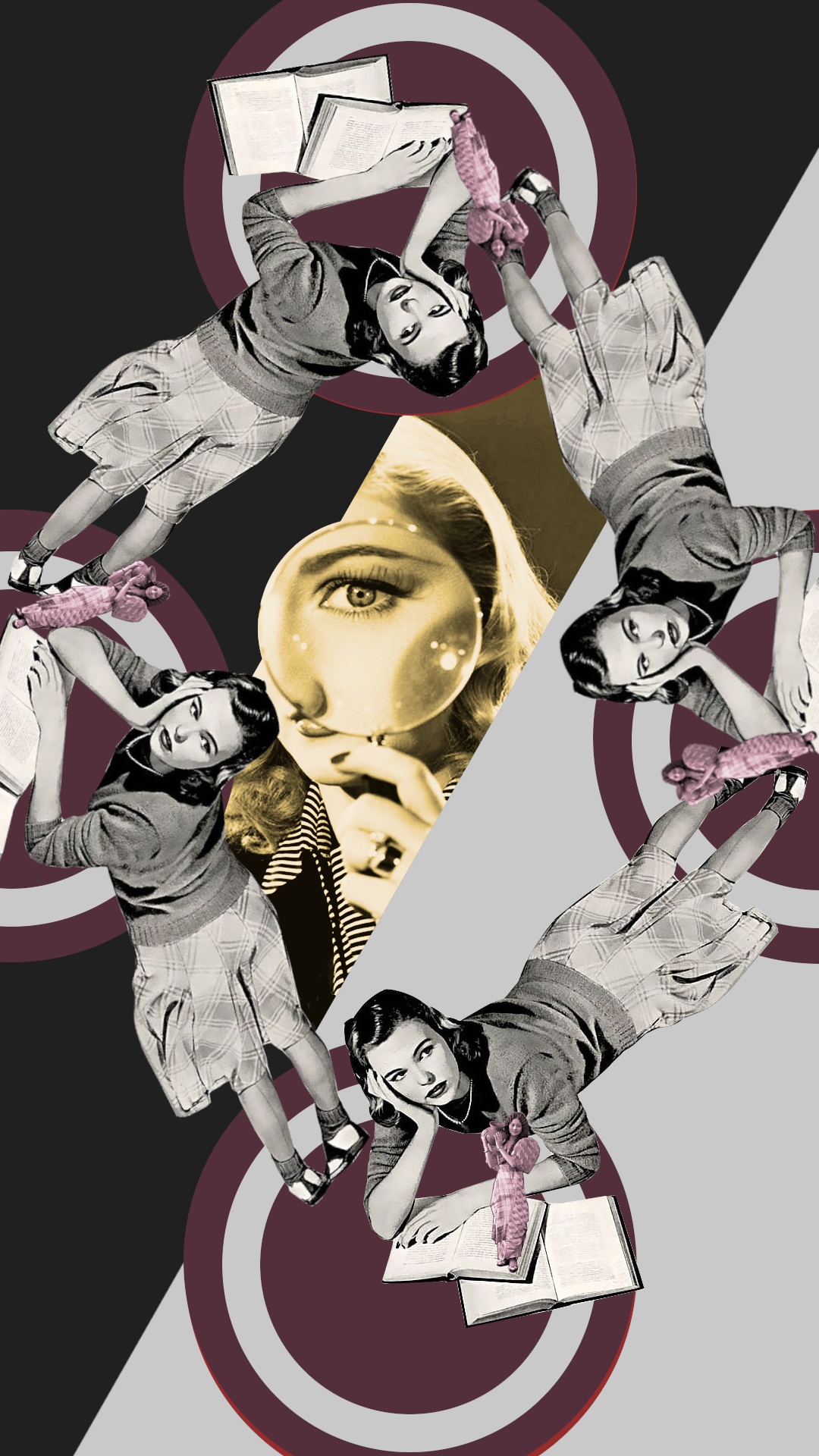 Creative collage of women reading and observing, symbolizing curiosity, creativity, and discovery.