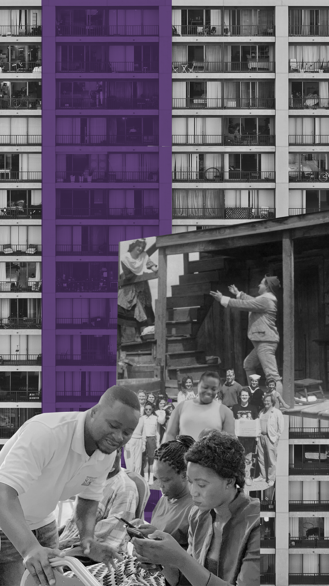 Collage of urban communities and people illustrating social connection and belonging.
