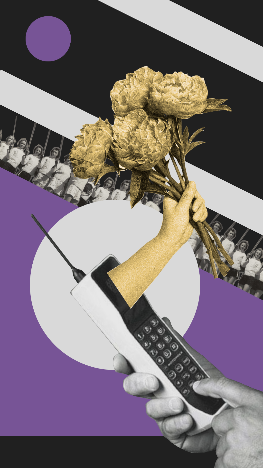 Creative collage of flowers, people, and technology representing human connection with nature.