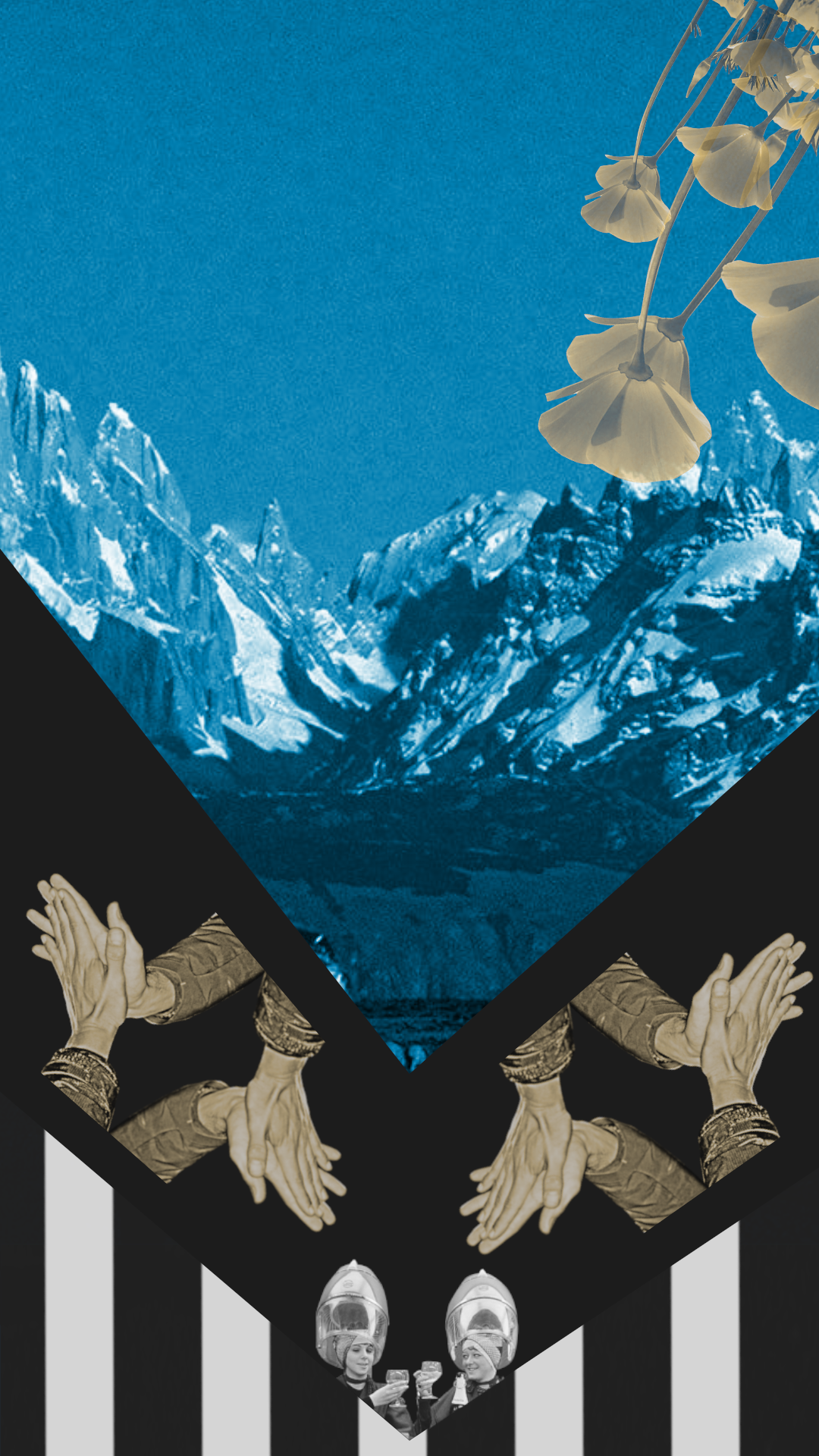 Creative collage of mountains, flowers, and people illustrating cooperation and interconnectedness in nature.