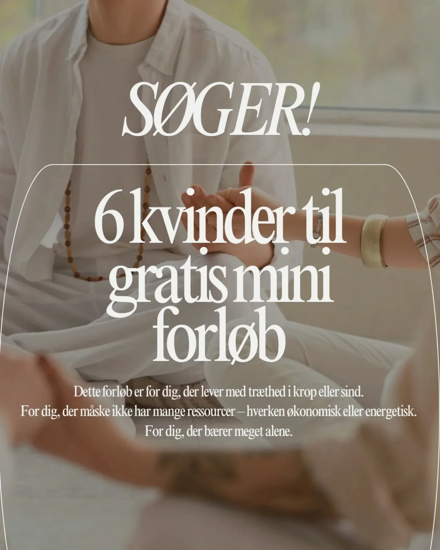 Jeg &aring;bner et lille, lukket rum for 6 kvinder.
Et stille, n&aelig;nsomt rum, hvor vi arbejder blidt med nervesystemet, kroppen og f&oslash;lelsen af at blive set og holdt.

Dette forl&oslash;b er for dig, der lever med tr&aelig;thed i krop eller